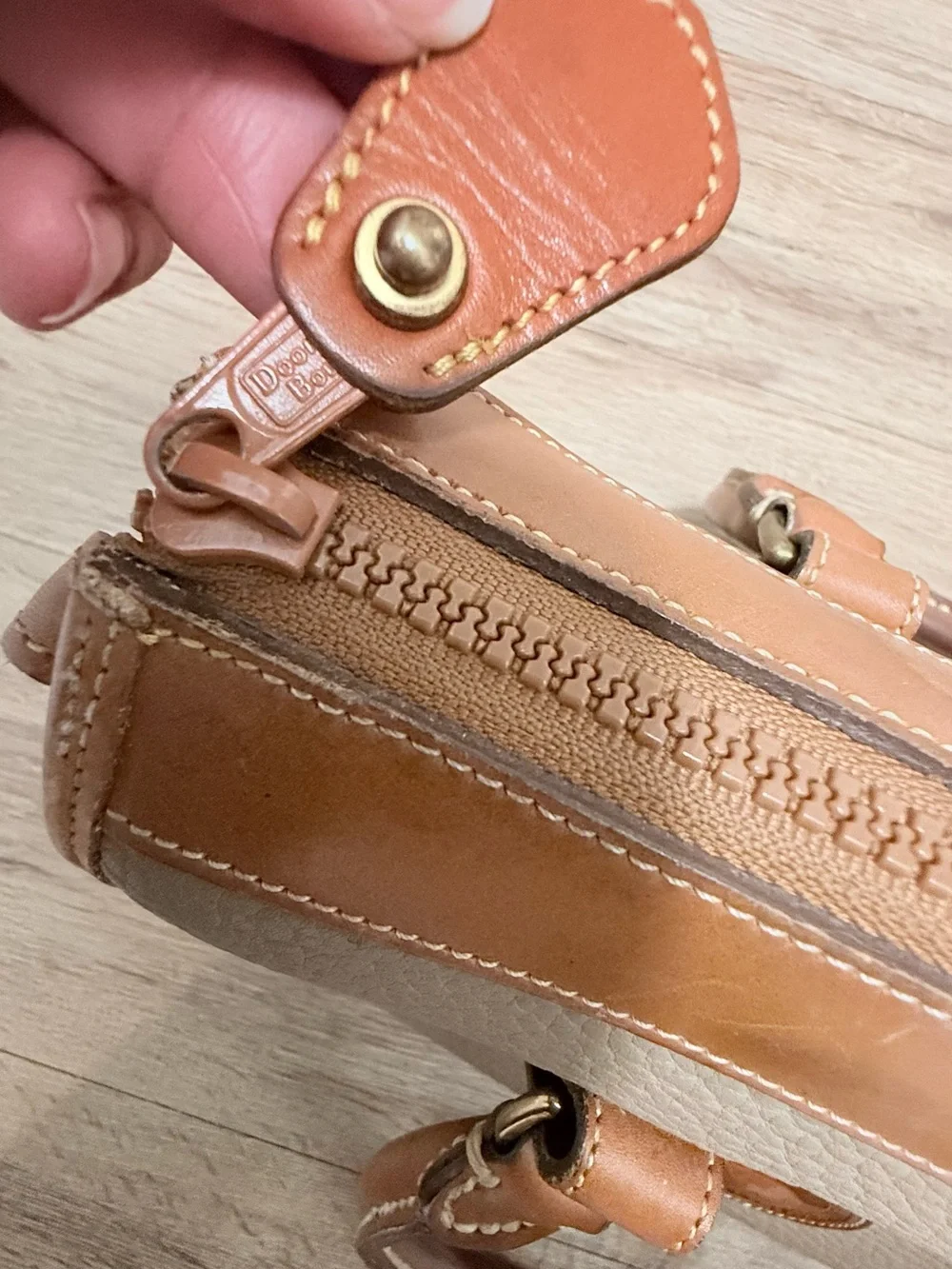 Vintage Dooney & Bourke Taupe Pebbled Leather Satchel with Tan Trim